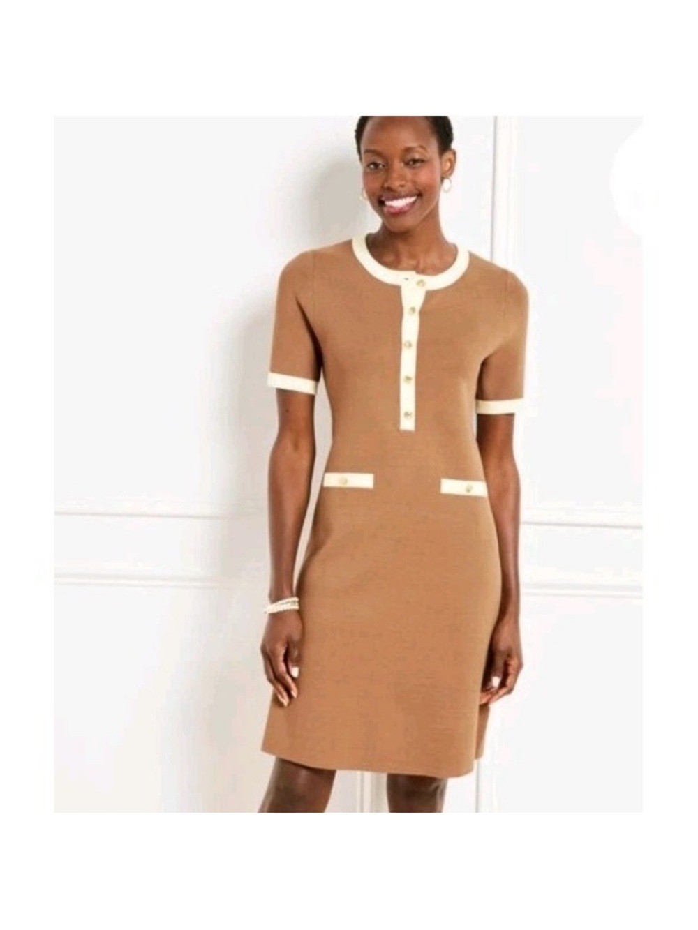 Alfani Tan Knit Short-Sleeve Dress with Cream Trim